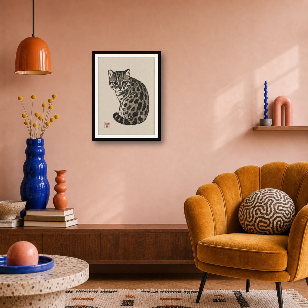 Charming Ocelot Art Print, Japanese Sumi-e Inspired Wall Decor, Serene Feline Poster in Various Sizes - 3x4 room mockup