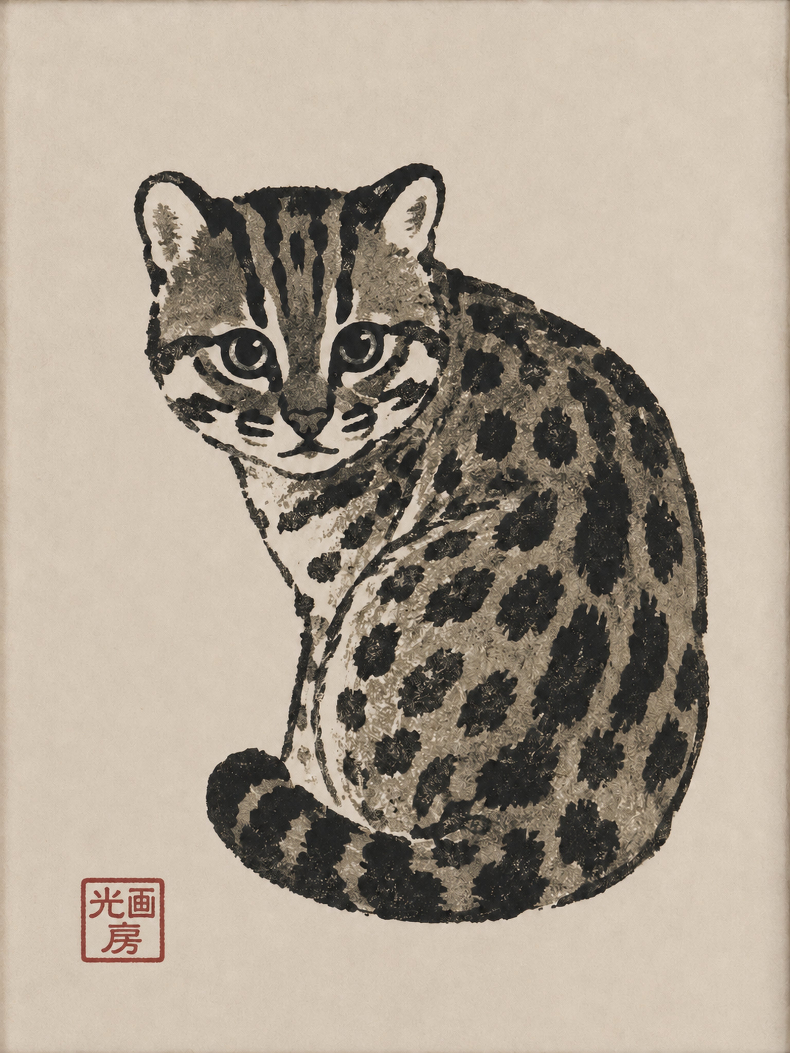 Charming Ocelot Art Print, Japanese Sumi-e Inspired Wall Decor, Serene Feline Poster in Various Sizes - full 3x4 artwork