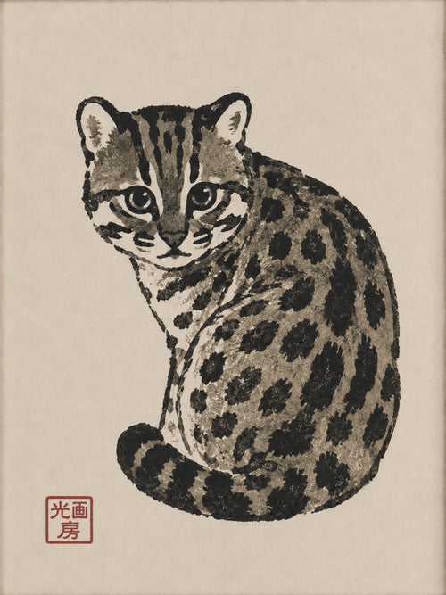 Charming Ocelot Art Print, Japanese Sumi-e Inspired Wall Decor, Serene Feline Poster in Various Sizes - full 3x4 artwork