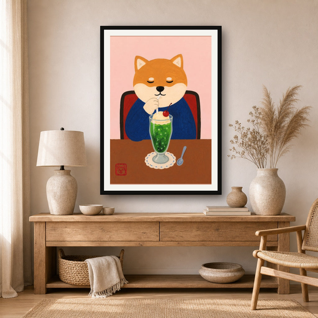 Charming Shiba Inu Cafe Poster, Japanese Cream Soda Art, Whimsical Animal Portrait Wall Decor - A room mockup
