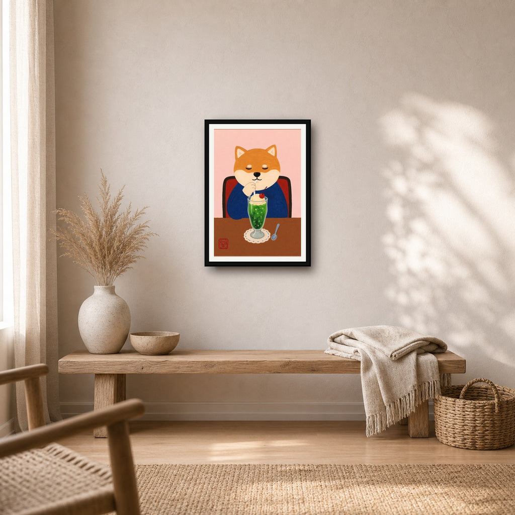 Charming Shiba Inu Cafe Poster, Japanese Cream Soda Art, Whimsical Animal Portrait Wall Decor - A room mockup