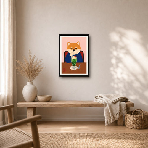 Charming Shiba Inu Cafe Poster, Japanese Cream Soda Art, Whimsical Animal Portrait Wall Decor - A room mockup