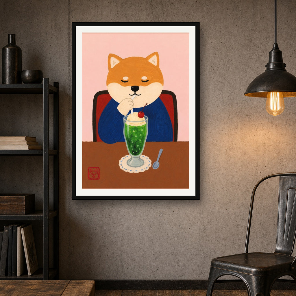 Charming Shiba Inu Cafe Poster, Japanese Cream Soda Art, Whimsical Animal Portrait Wall Decor - A room mockup