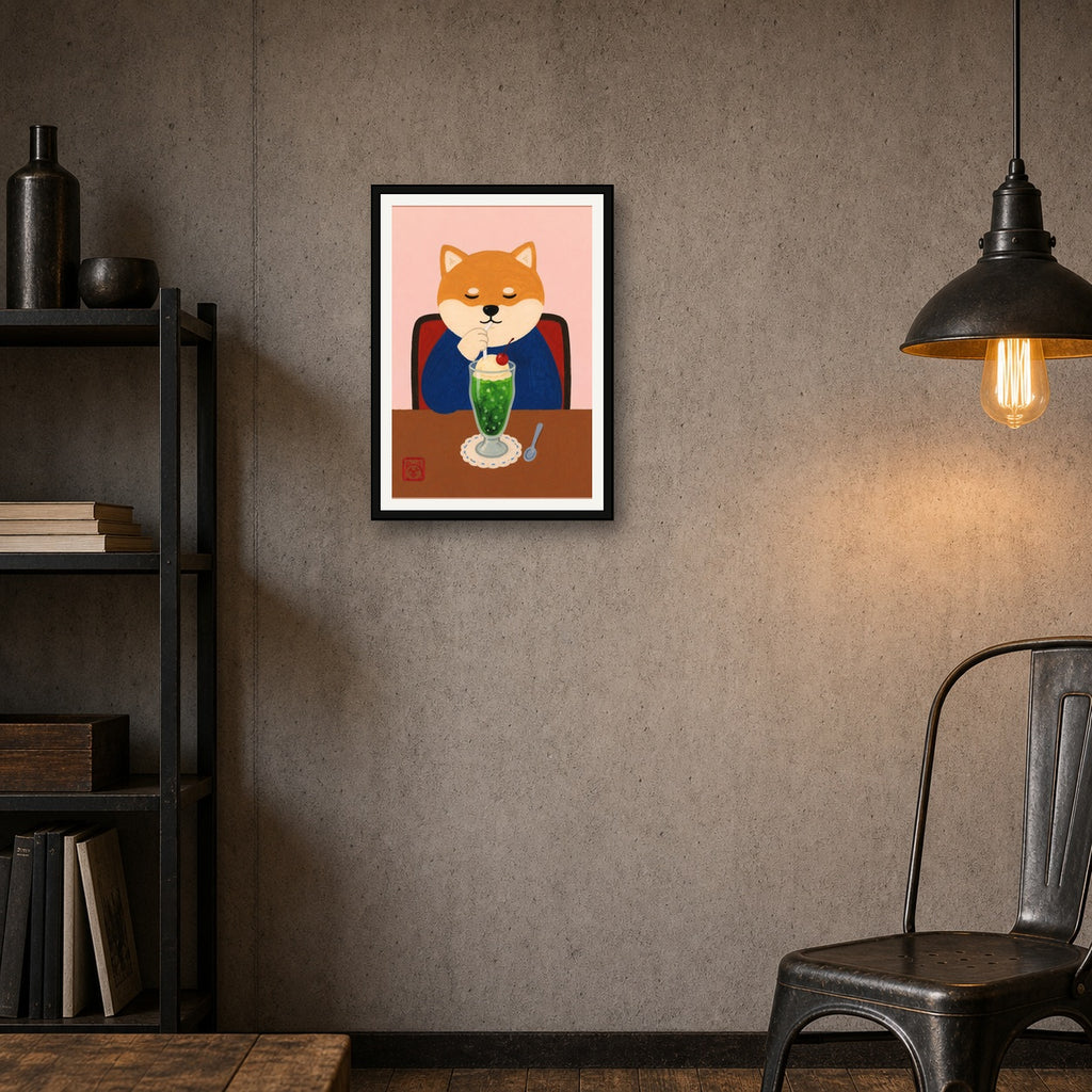 Charming Shiba Inu Cafe Poster, Japanese Cream Soda Art, Whimsical Animal Portrait Wall Decor - A room mockup