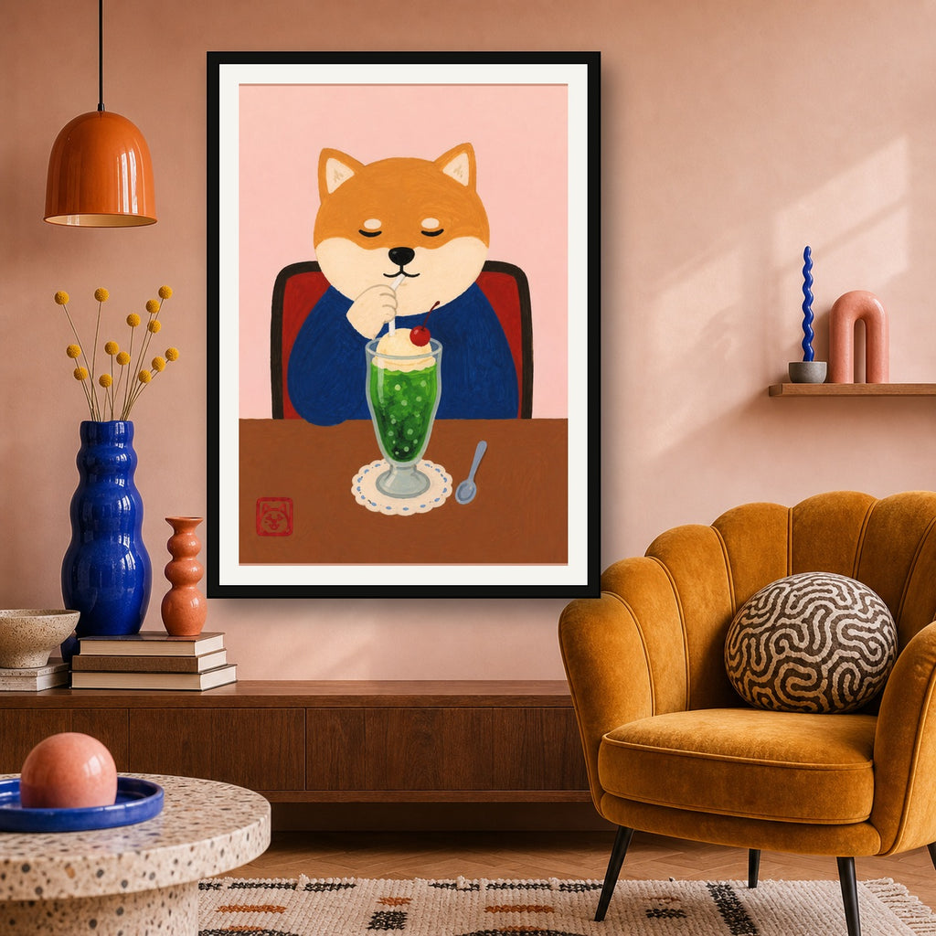 Charming Shiba Inu Cafe Poster, Japanese Cream Soda Art, Whimsical Animal Portrait Wall Decor - A room mockup