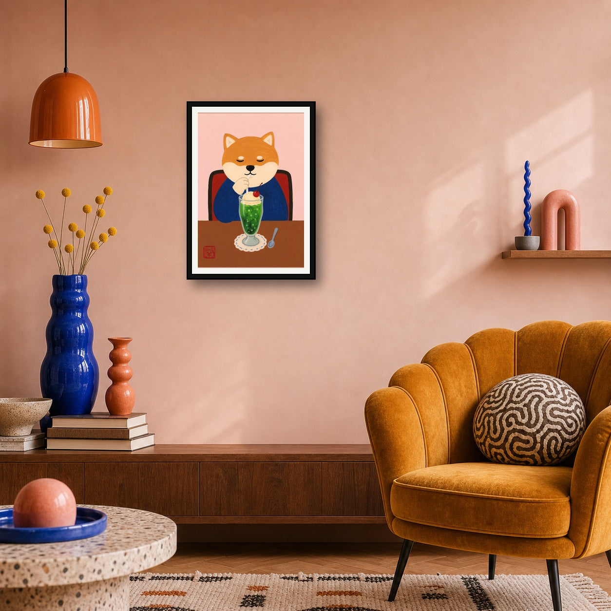 Charming Shiba Inu Cafe Poster, Japanese Cream Soda Art, Whimsical Animal Portrait Wall Decor - A room mockup