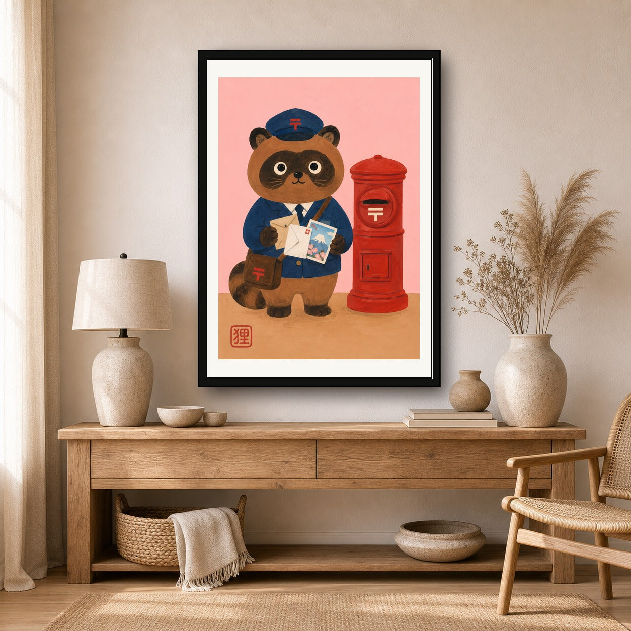 Charming Tanuki Postman Poster, Whimsical Japanese Wall Art, Mount Fuji & Sakura Print - corrected A room mockup