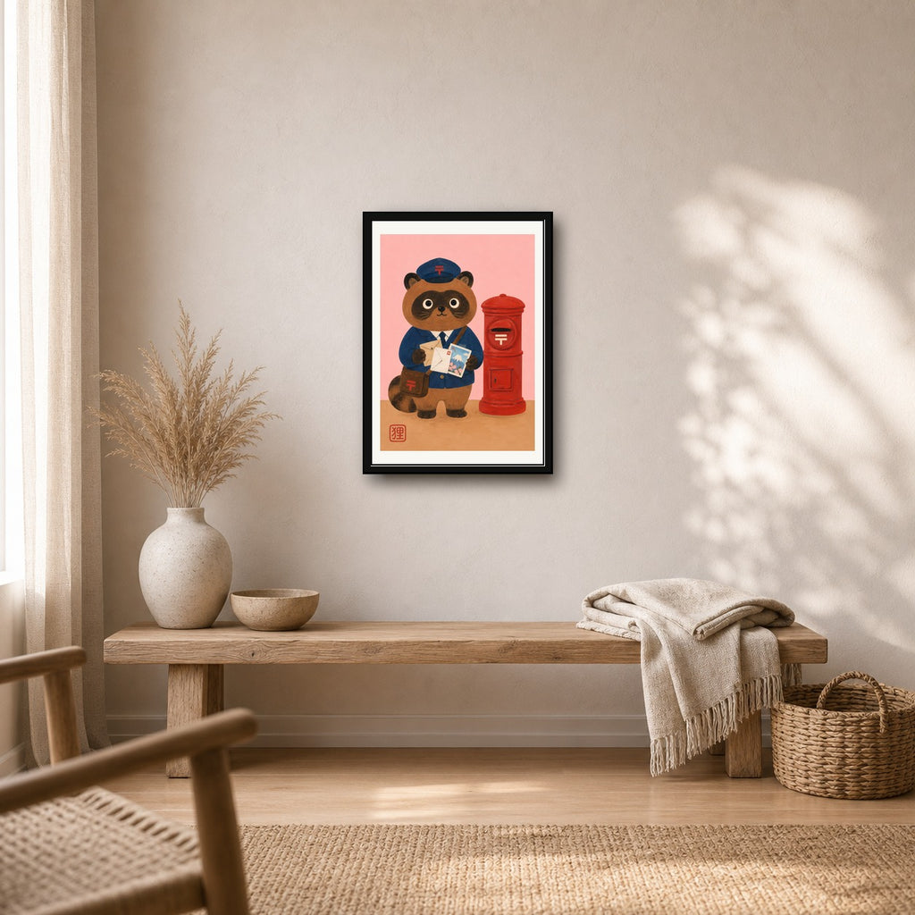 Charming Tanuki Postman Poster, Whimsical Japanese Wall Art, Mount Fuji & Sakura Print - corrected A room mockup