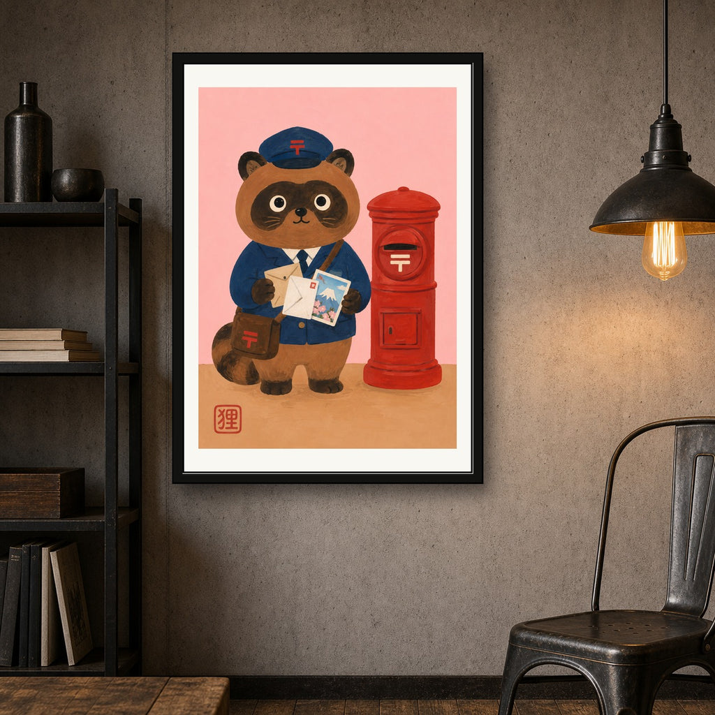 Charming Tanuki Postman Poster, Whimsical Japanese Wall Art, Mount Fuji & Sakura Print - corrected A room mockup