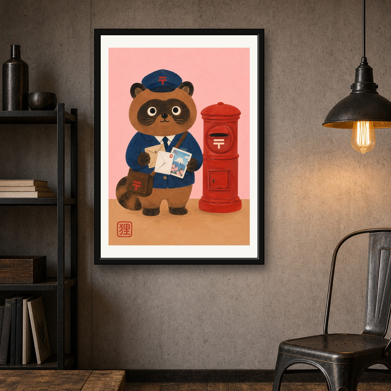 Charming Tanuki Postman Poster, Whimsical Japanese Wall Art, Mount Fuji & Sakura Print - corrected A room mockup