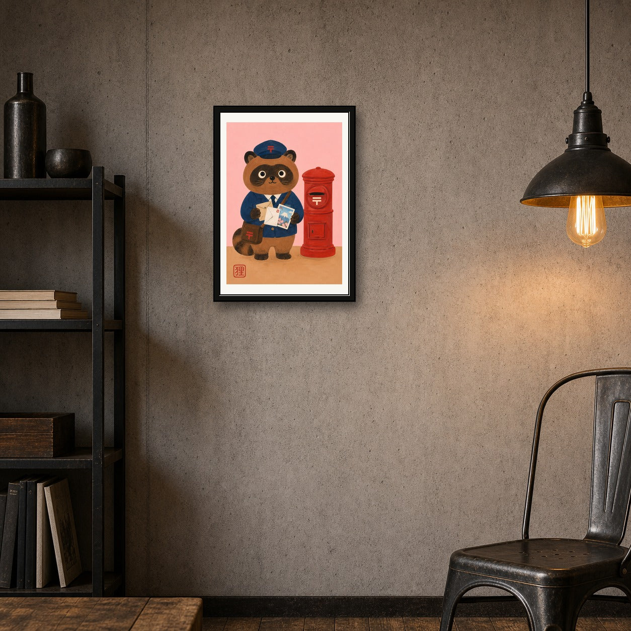 Charming Tanuki Postman Poster, Whimsical Japanese Wall Art, Mount Fuji & Sakura Print - corrected A room mockup