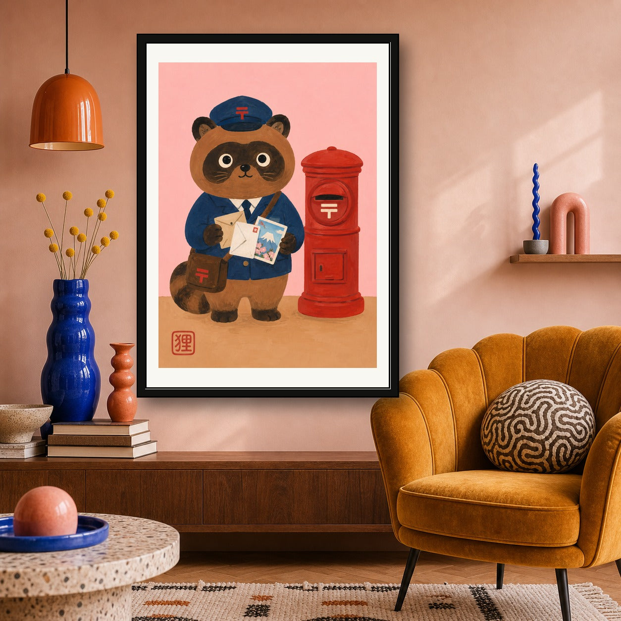 Charming Tanuki Postman Poster, Whimsical Japanese Wall Art, Mount Fuji & Sakura Print - corrected A room mockup