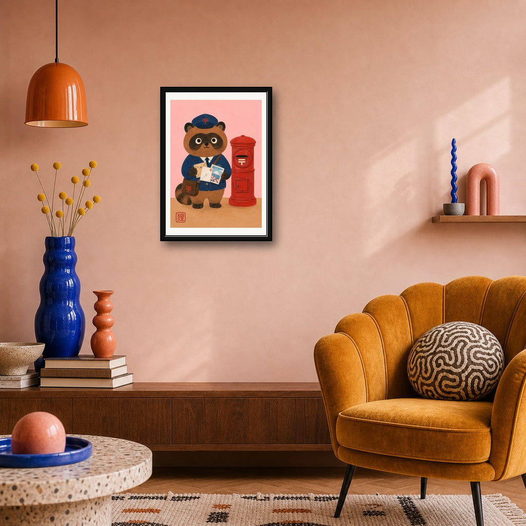 Charming Tanuki Postman Poster, Whimsical Japanese Wall Art, Mount Fuji & Sakura Print - corrected A room mockup