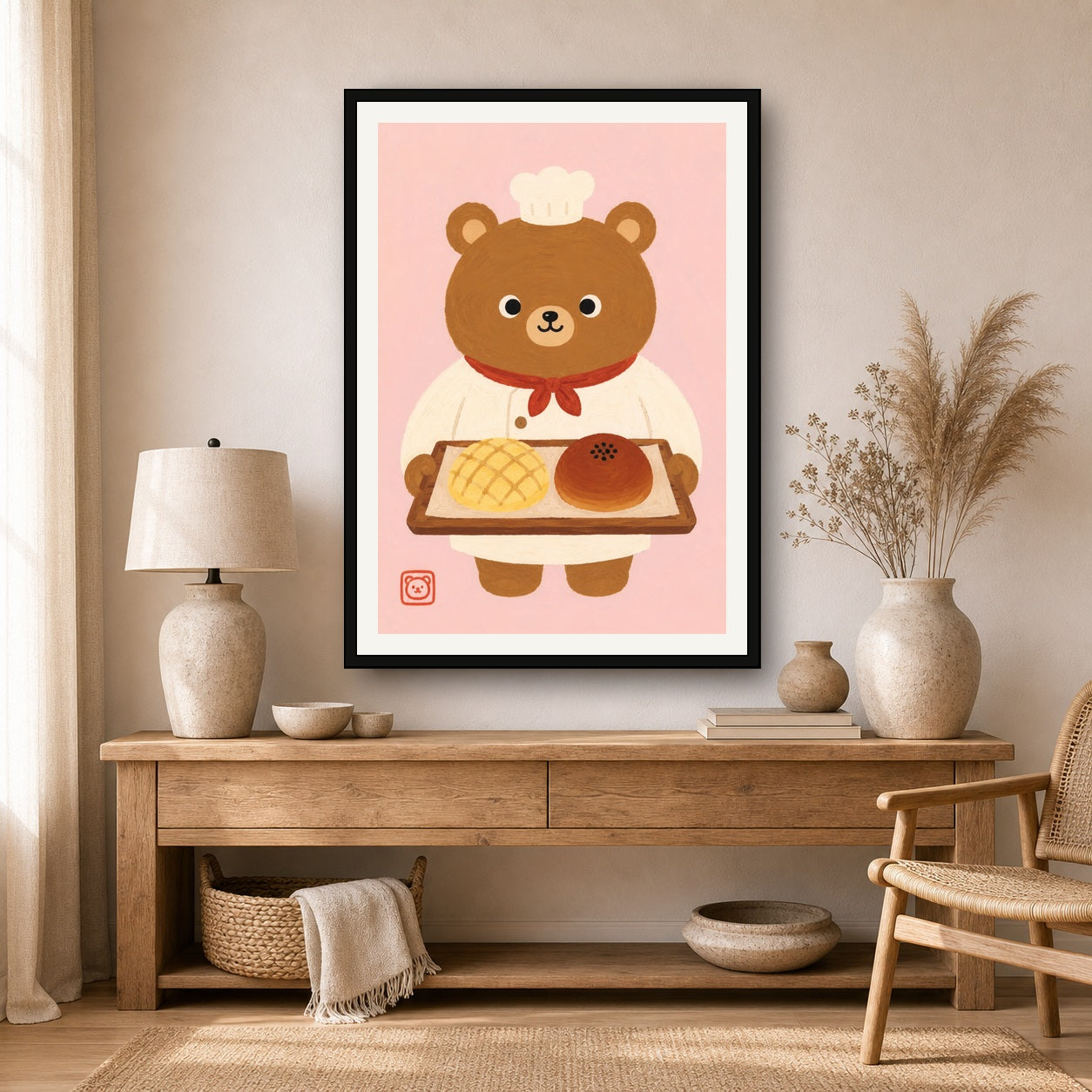 Chef Bear Baker Art Print: Kawaii Japanese Melon Pan & Anpan Wall Decor, Cute Kitchen Poster in Six Sizes - A room mockup