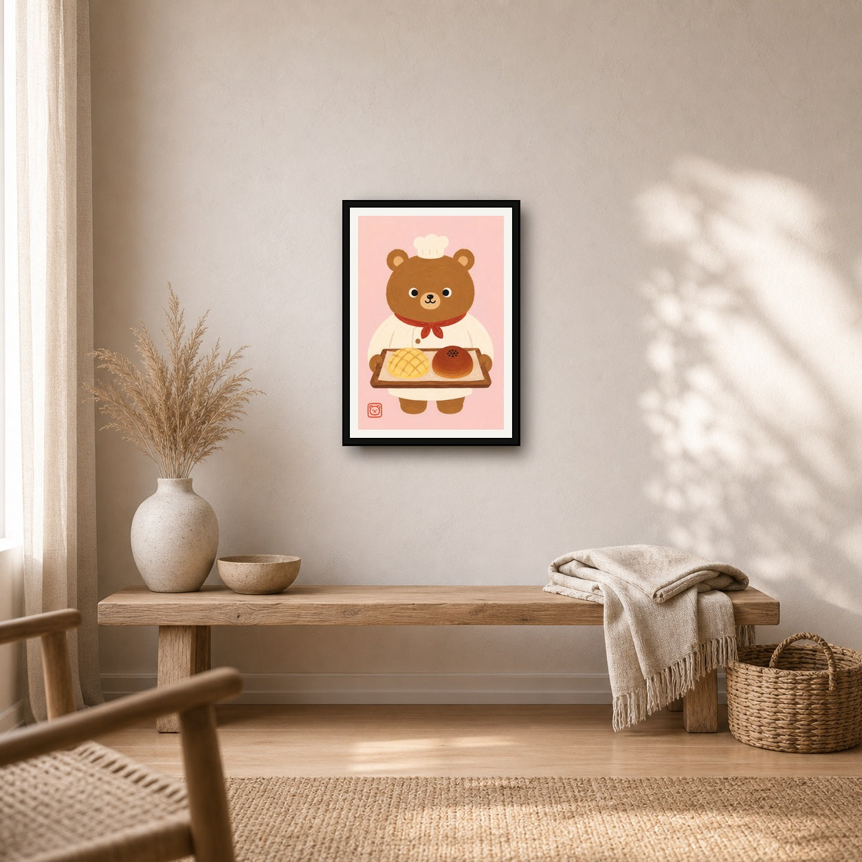 Chef Bear Baker Art Print: Kawaii Japanese Melon Pan & Anpan Wall Decor, Cute Kitchen Poster in Six Sizes - A room mockup