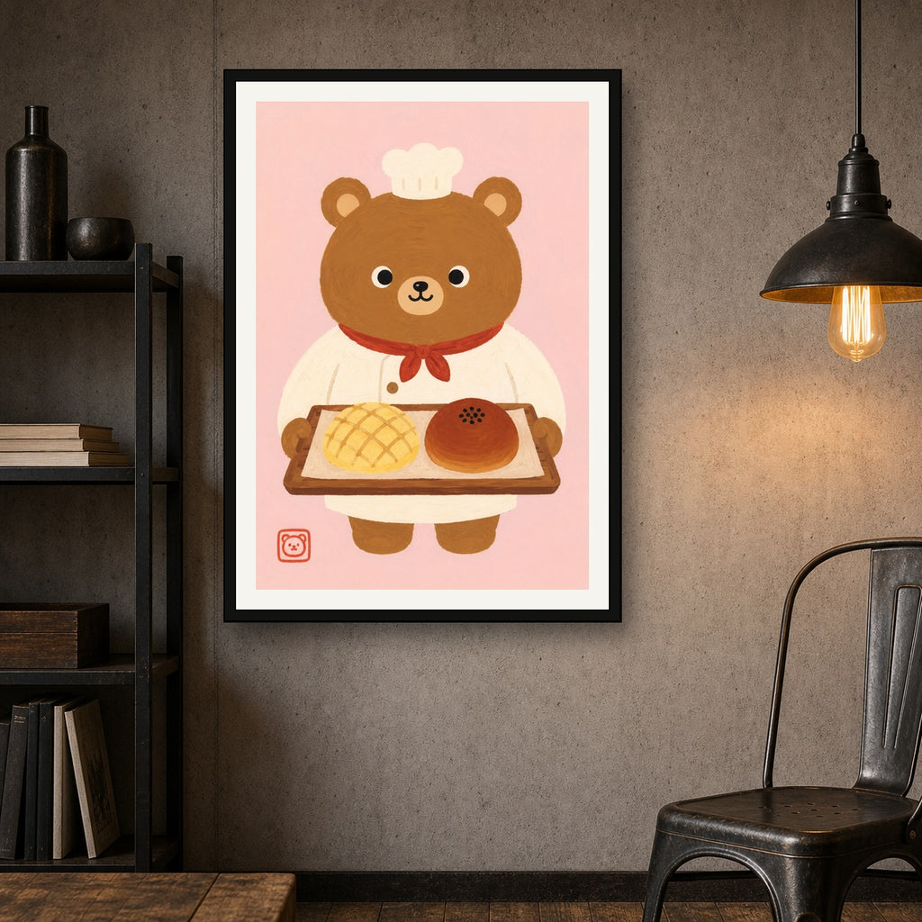 Chef Bear Baker Art Print: Kawaii Japanese Melon Pan & Anpan Wall Decor, Cute Kitchen Poster in Six Sizes - A room mockup