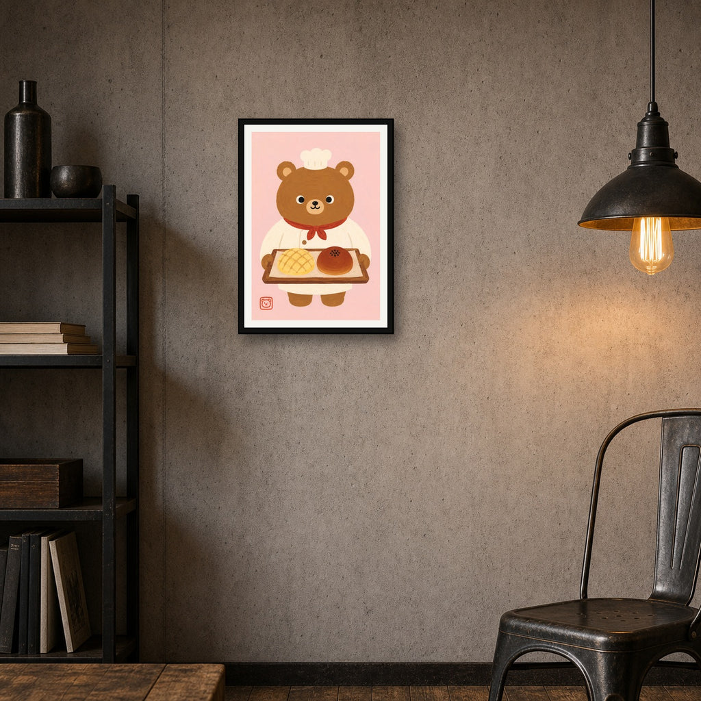 Chef Bear Baker Art Print: Kawaii Japanese Melon Pan & Anpan Wall Decor, Cute Kitchen Poster in Six Sizes - A room mockup