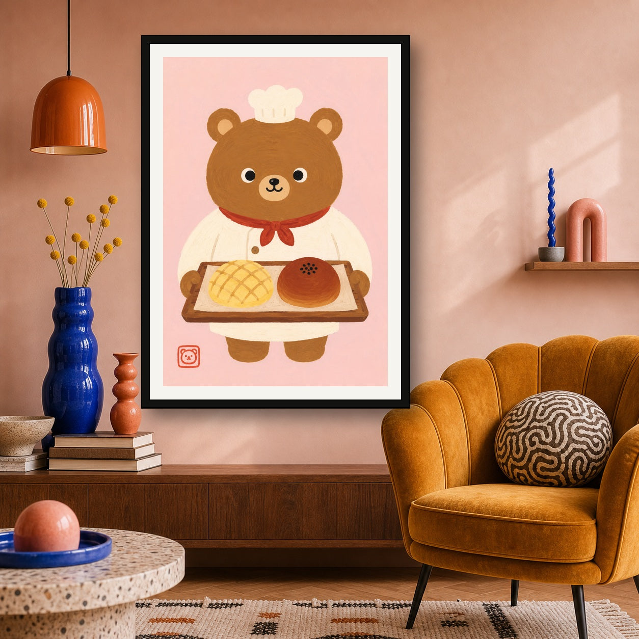 Chef Bear Baker Art Print: Kawaii Japanese Melon Pan & Anpan Wall Decor, Cute Kitchen Poster in Six Sizes - A room mockup