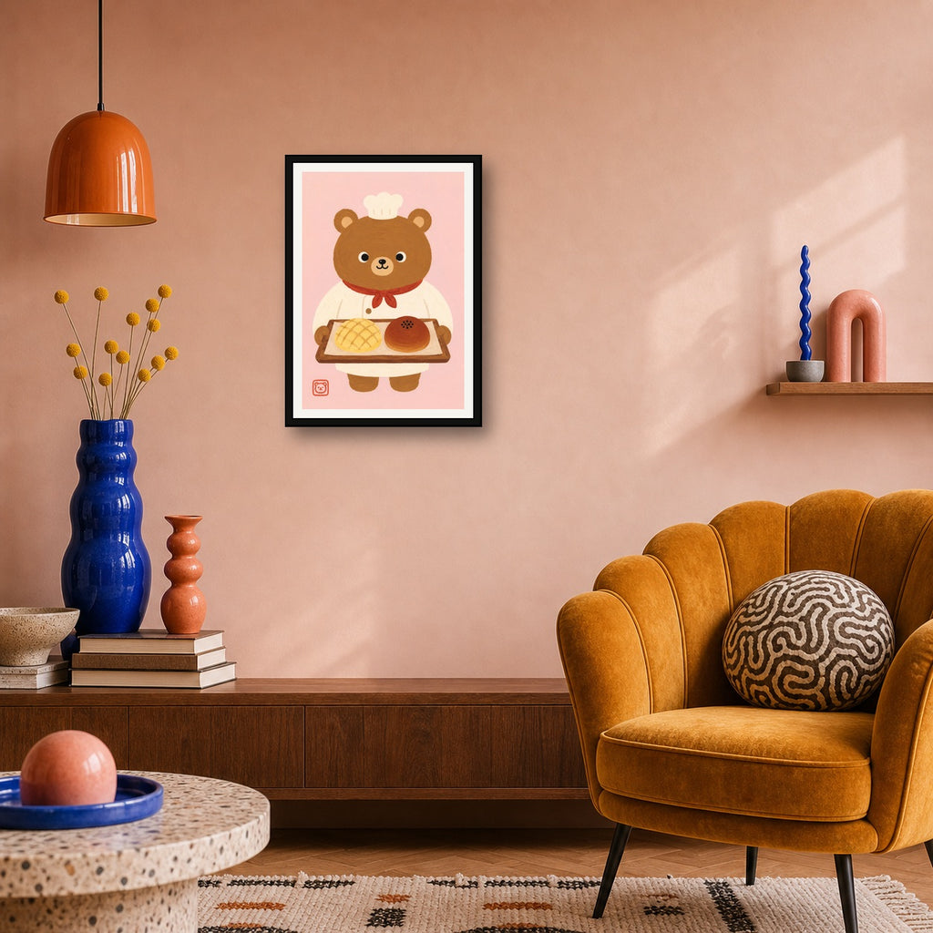 Chef Bear Baker Art Print: Kawaii Japanese Melon Pan & Anpan Wall Decor, Cute Kitchen Poster in Six Sizes - A room mockup
