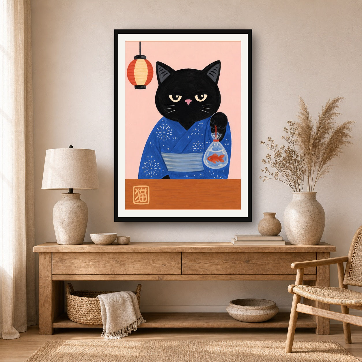 Chic Japanese Cat Art Print, Kawaii Yukata Black Cat with Goldfish Poster, Asian-Inspired Home Decor - A room mockup