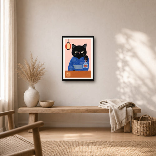 Chic Japanese Cat Art Print, Kawaii Yukata Black Cat with Goldfish Poster, Asian-Inspired Home Decor - A room mockup