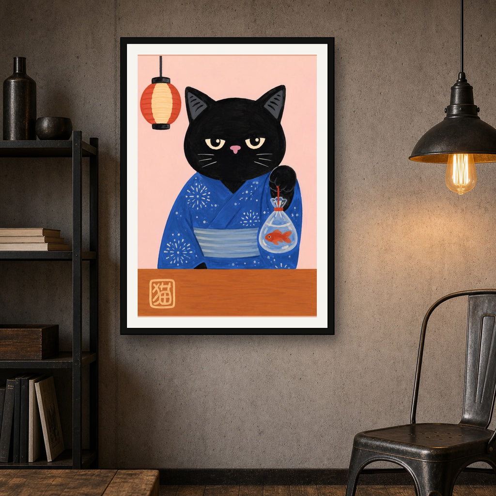 Chic Japanese Cat Art Print, Kawaii Yukata Black Cat with Goldfish Poster, Asian-Inspired Home Decor - A room mockup