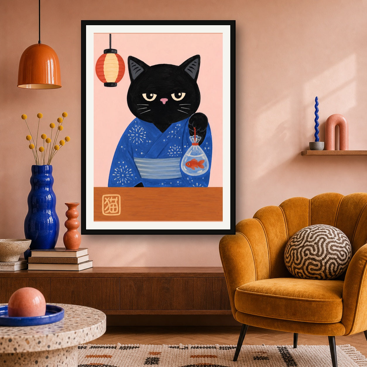 Chic Japanese Cat Art Print, Kawaii Yukata Black Cat with Goldfish Poster, Asian-Inspired Home Decor - A room mockup