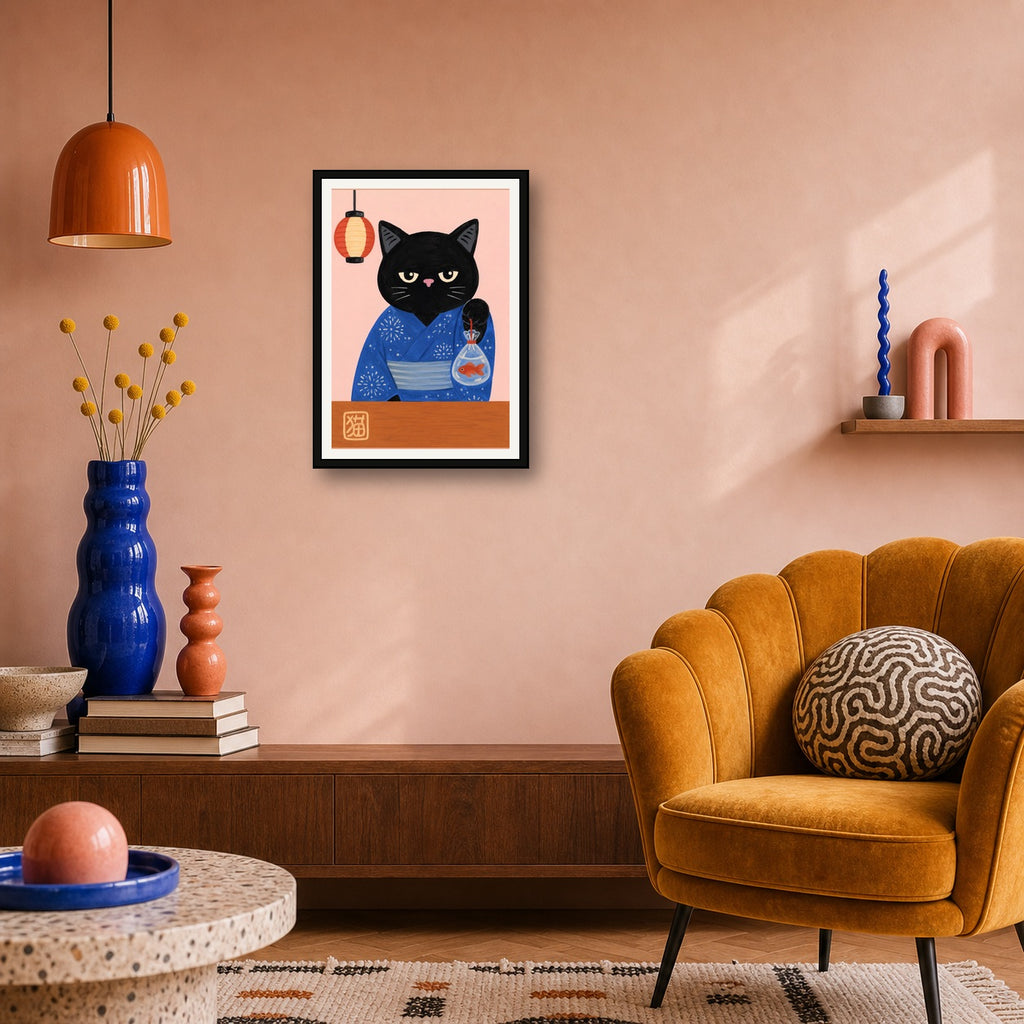 Chic Japanese Cat Art Print, Kawaii Yukata Black Cat with Goldfish Poster, Asian-Inspired Home Decor - A room mockup