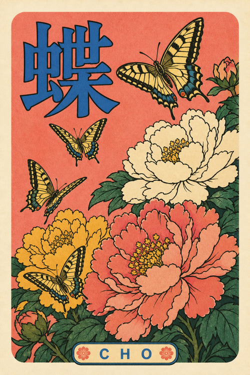 Retro Japanese poster with swallowtail butterflies, large coral yellow and cream peonies, and bold Cho typography
