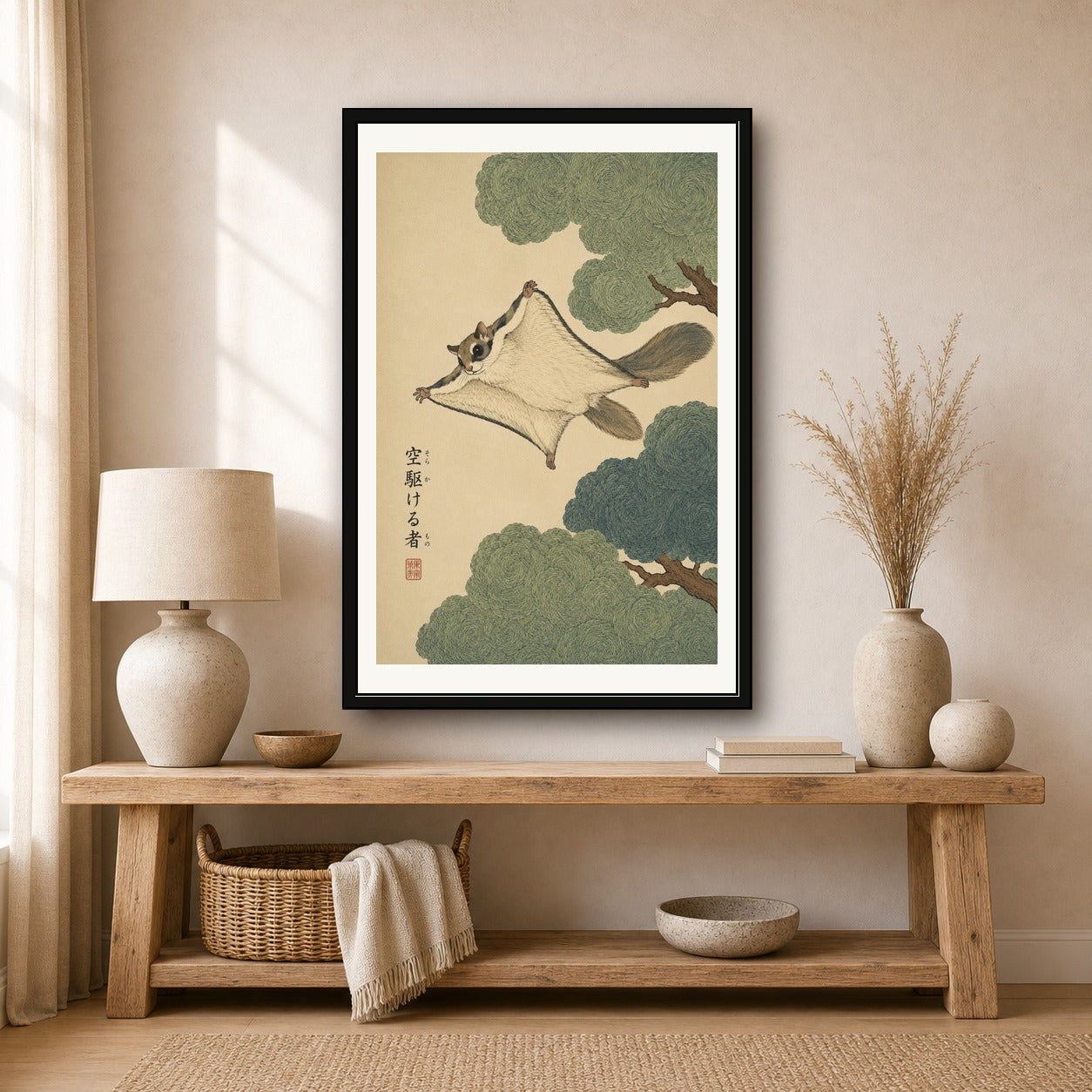 Chubby Squirrel & Acorn Sumi-e Art Print, Cozy Animal Wall Decor, Zen Japanese Ink Painting Poster - corrected 2x3 room mockup