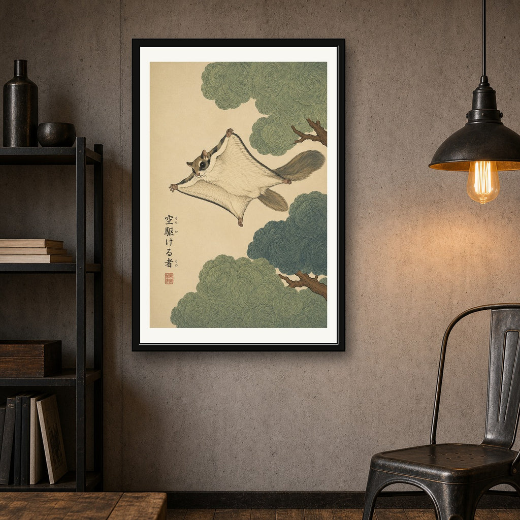 Chubby Squirrel & Acorn Sumi-e Art Print, Cozy Animal Wall Decor, Zen Japanese Ink Painting Poster - corrected 2x3 room mockup