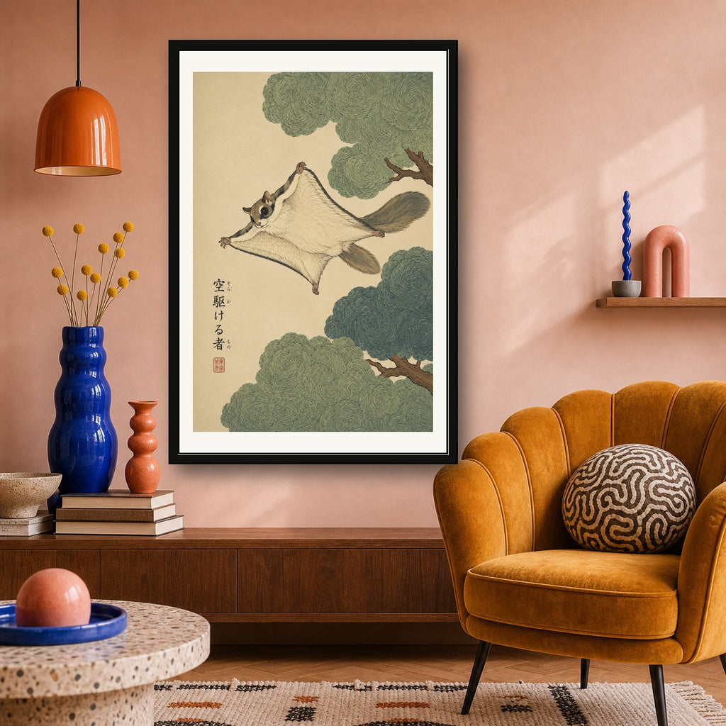 Chubby Squirrel & Acorn Sumi-e Art Print, Cozy Animal Wall Decor, Zen Japanese Ink Painting Poster - corrected 2x3 room mockup