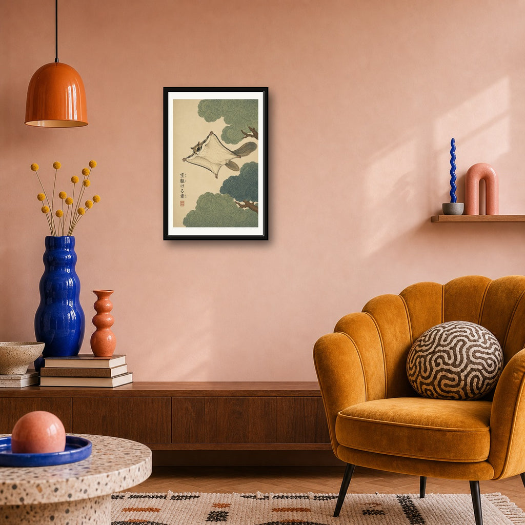 Chubby Squirrel & Acorn Sumi-e Art Print, Cozy Animal Wall Decor, Zen Japanese Ink Painting Poster - corrected 2x3 room mockup