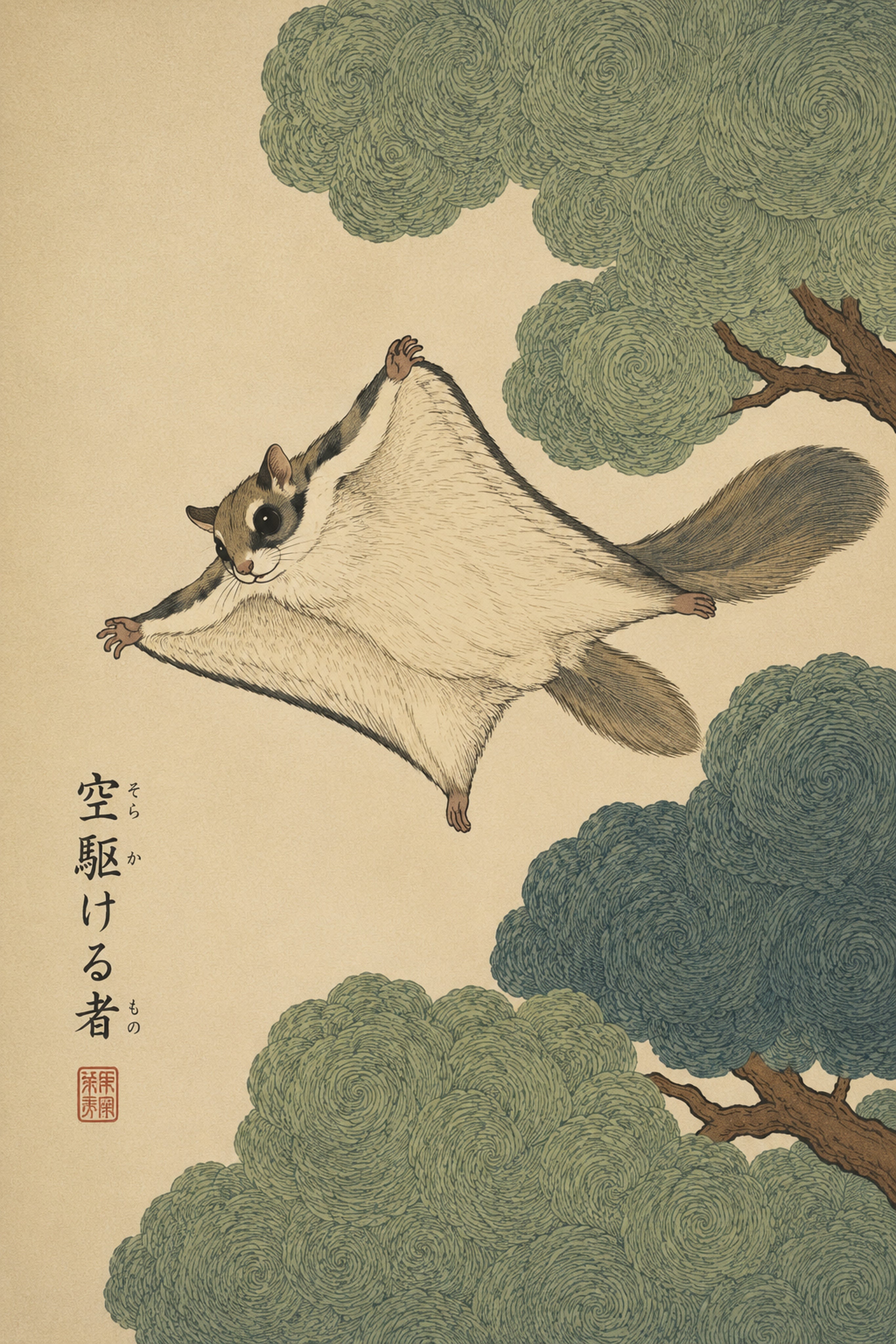 Chubby Squirrel & Acorn Sumi-e Art Print, Cozy Animal Wall Decor, Zen Japanese Ink Painting Poster - corrected 2x3 flat artwork