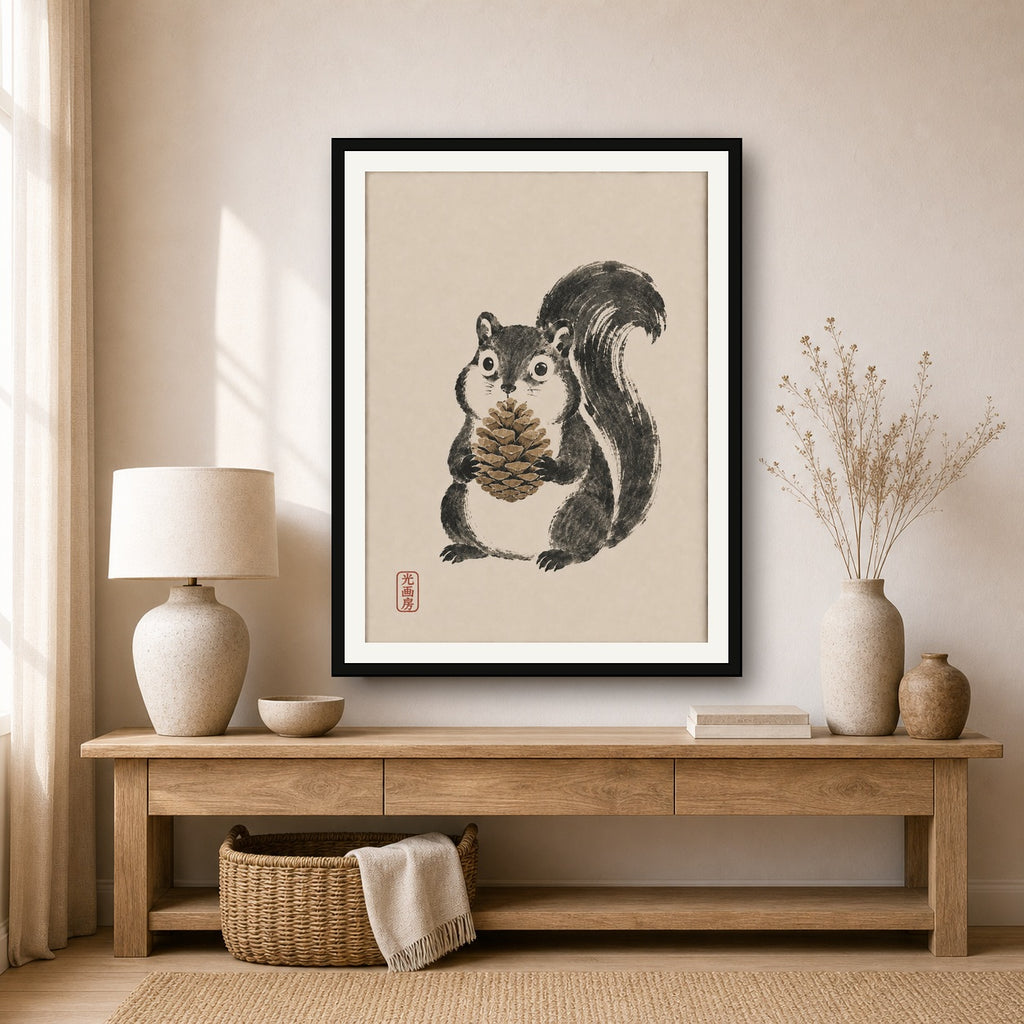 Chubby Squirrel Art Print, Japanese Sumi-e Style Poster, Cute Animal Wall Decor - 3x4 room mockup