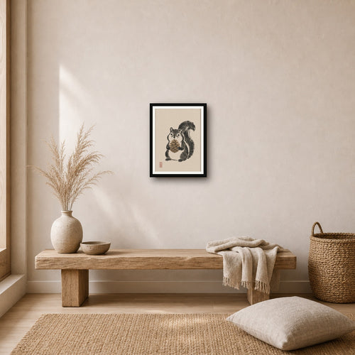 Chubby Squirrel Art Print, Japanese Sumi-e Style Poster, Cute Animal Wall Decor - 3x4 room mockup