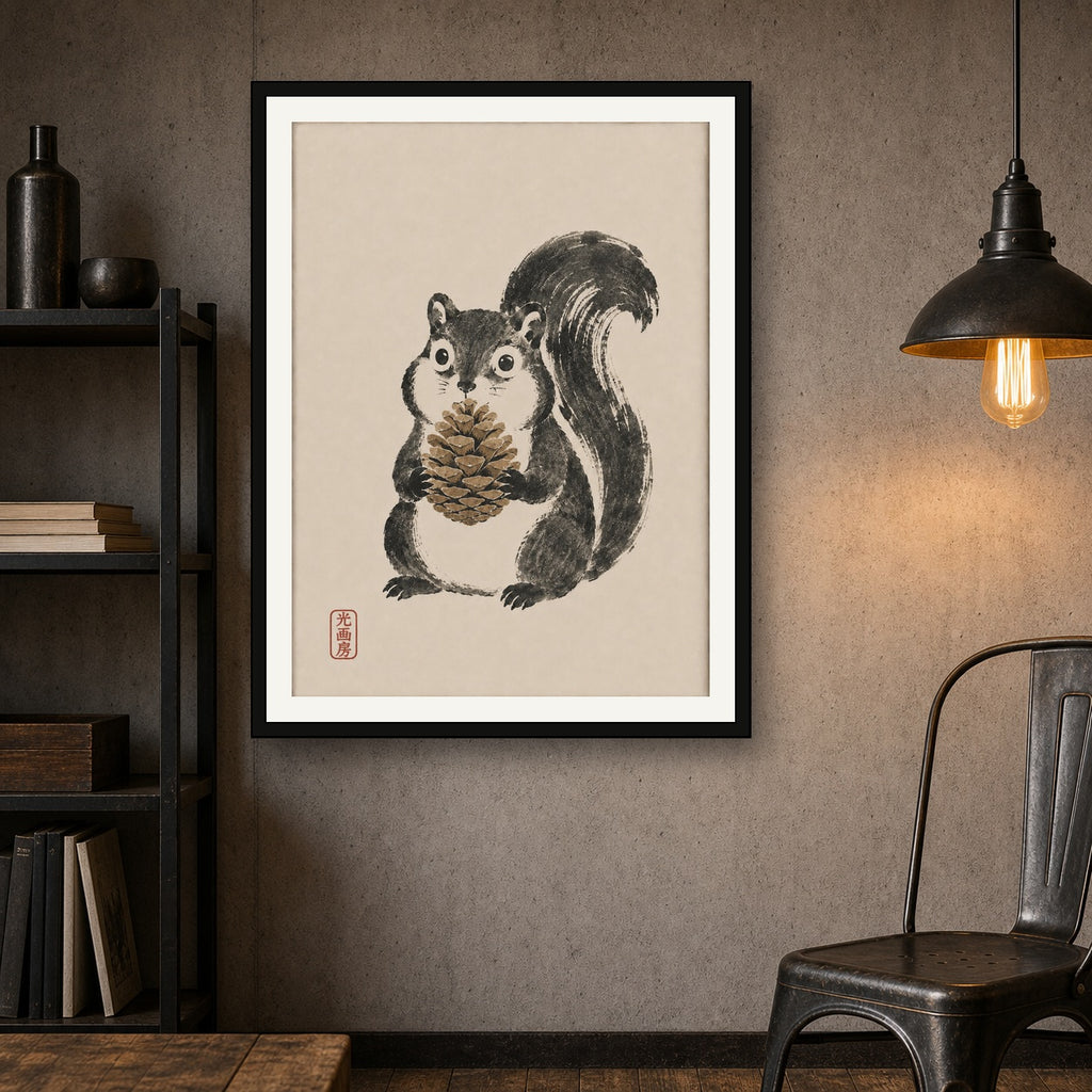 Chubby Squirrel Art Print, Japanese Sumi-e Style Poster, Cute Animal Wall Decor - 3x4 room mockup