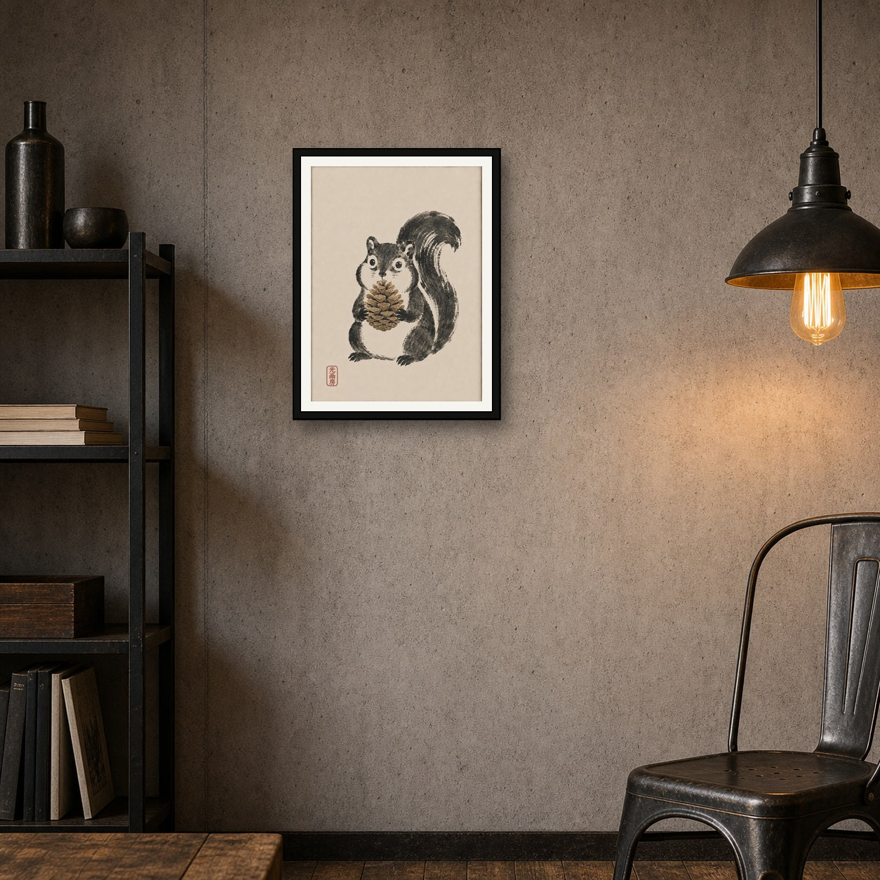 Chubby Squirrel Art Print, Japanese Sumi-e Style Poster, Cute Animal Wall Decor - 3x4 room mockup