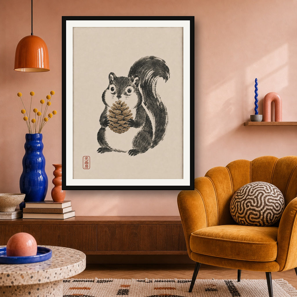 Chubby Squirrel Art Print, Japanese Sumi-e Style Poster, Cute Animal Wall Decor - 3x4 room mockup