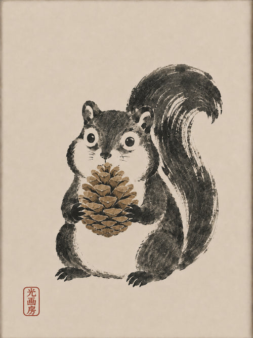 Chubby Squirrel Art Print, Japanese Sumi-e Style Poster, Cute Animal Wall Decor - full 3x4 artwork
