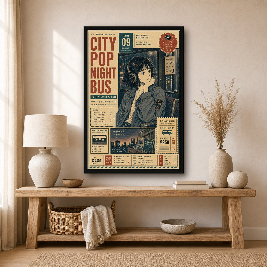 City Pop Night Bus Japanese Poster - 2x3 room mockup