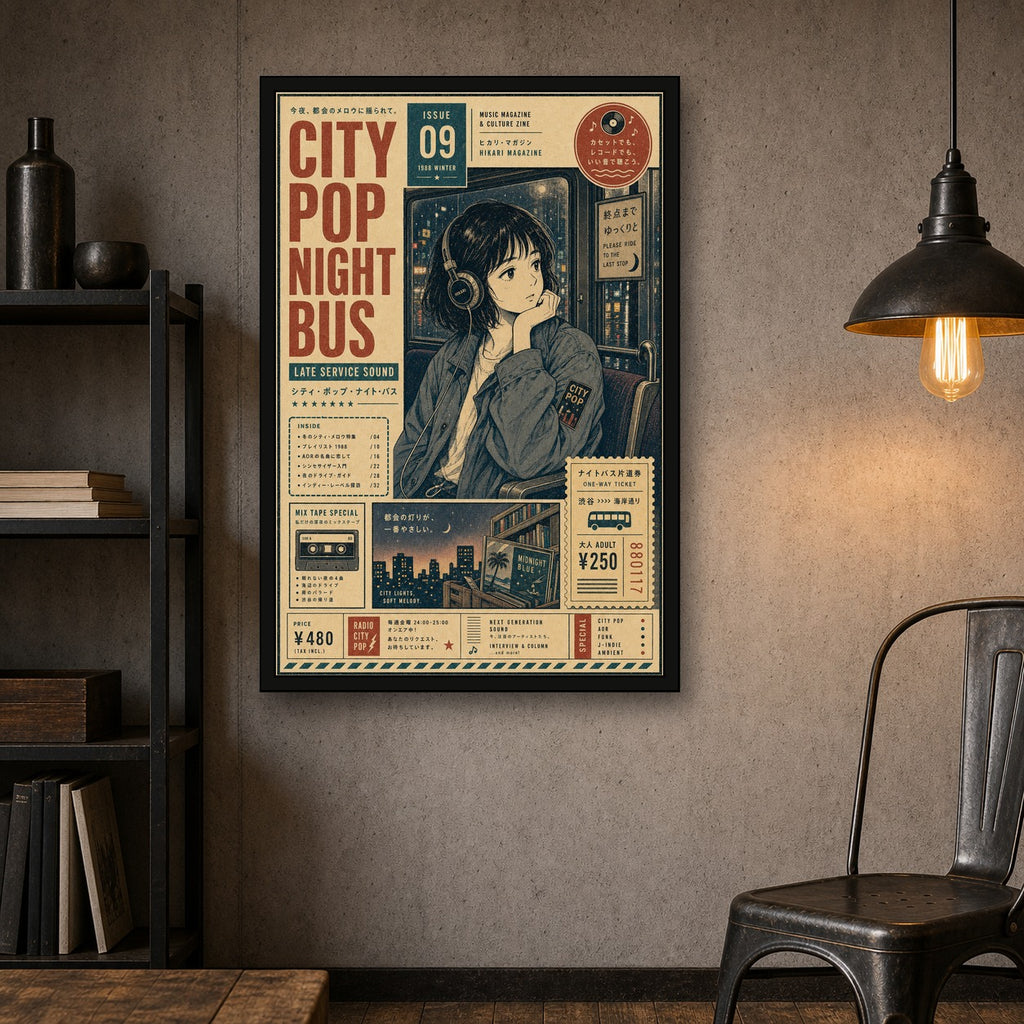 City Pop Night Bus Japanese Poster - 2x3 room mockup