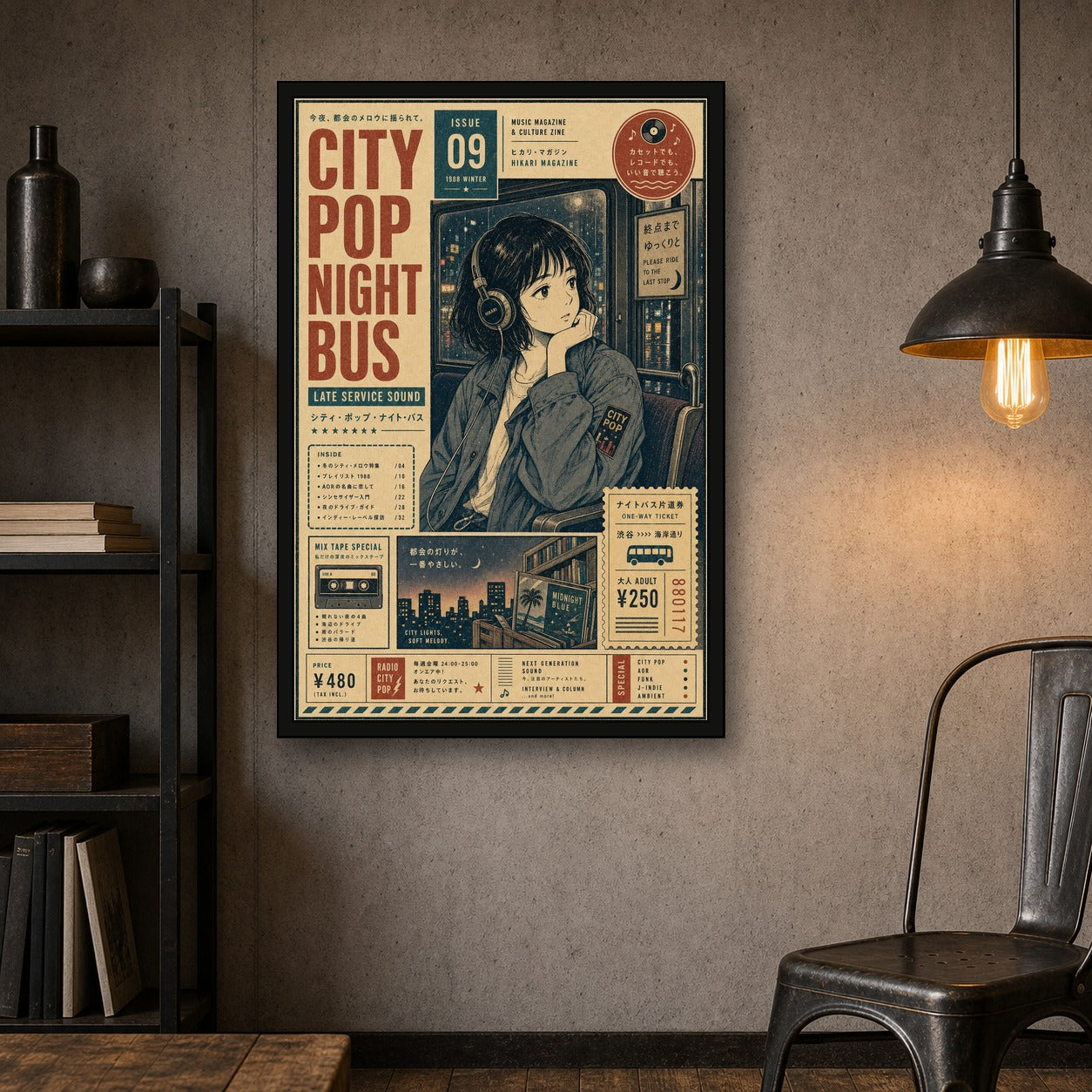 City Pop Night Bus Japanese Poster - 2x3 room mockup