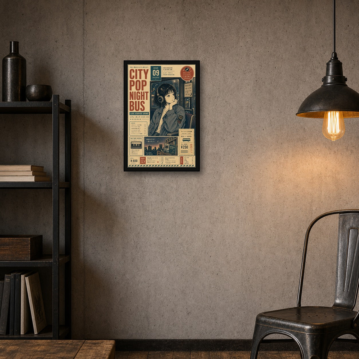 City Pop Night Bus Japanese Poster - 2x3 room mockup
