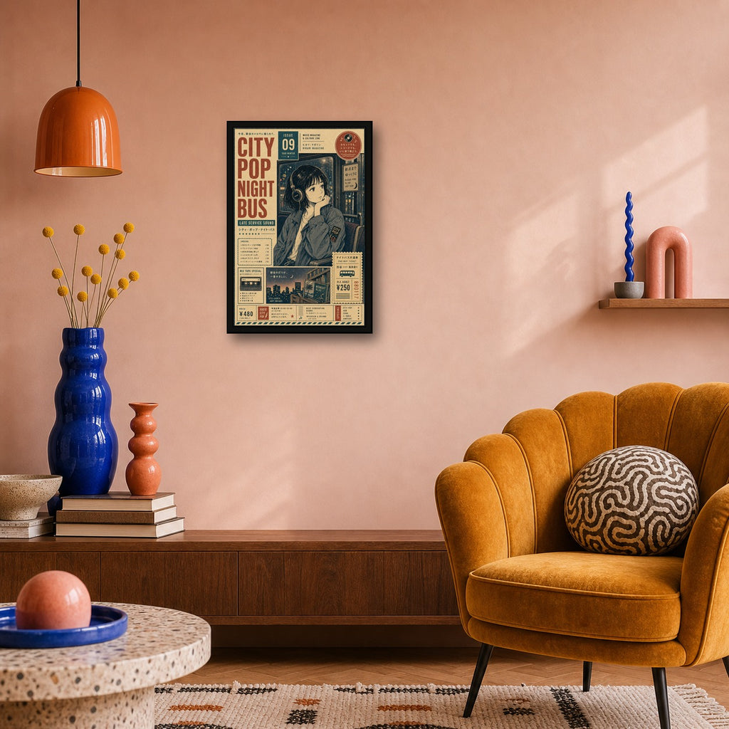 City Pop Night Bus Japanese Poster - 2x3 room mockup
