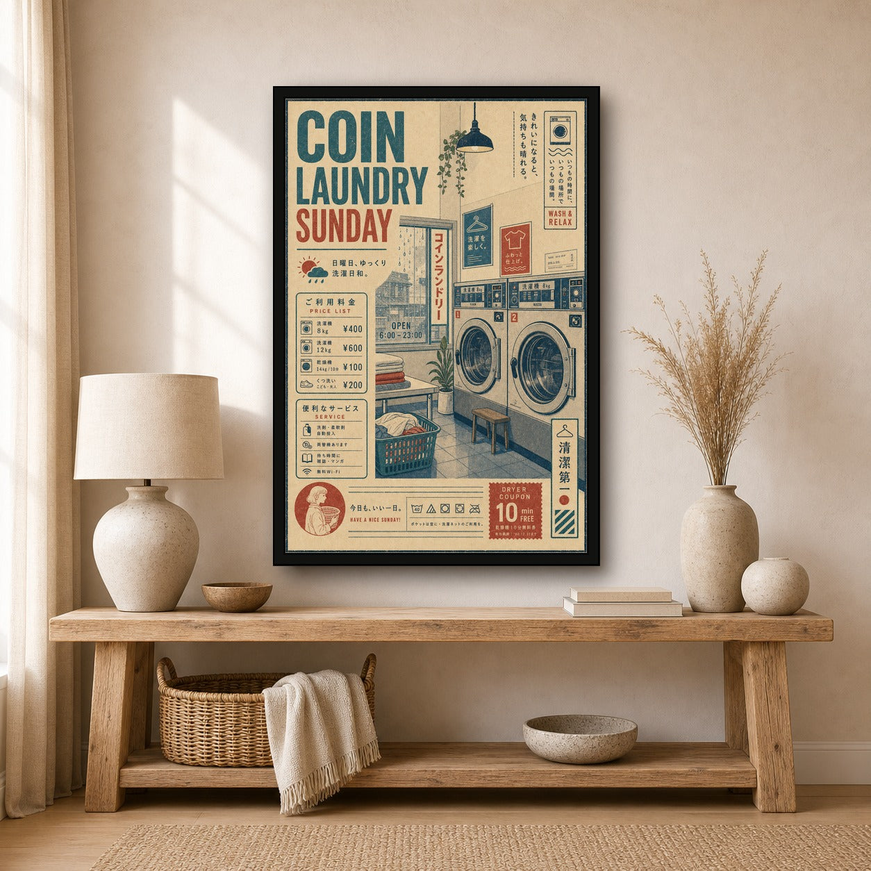 Coin Laundry Sunday Japanese Poster - 2x3 room mockup