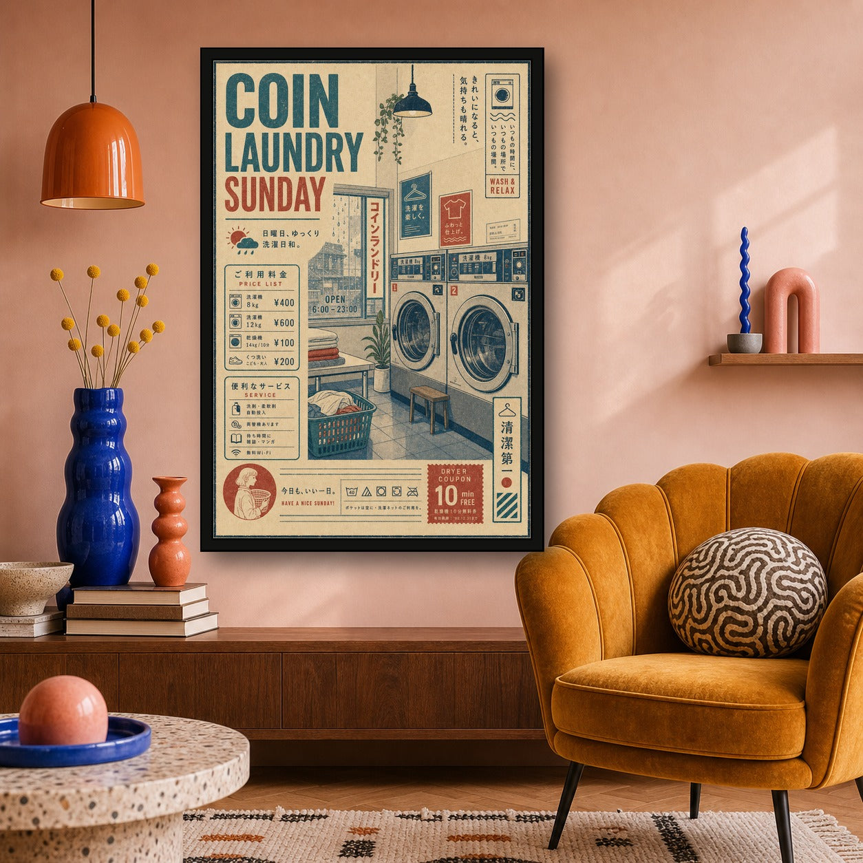 Coin Laundry Sunday Japanese Poster - 2x3 room mockup