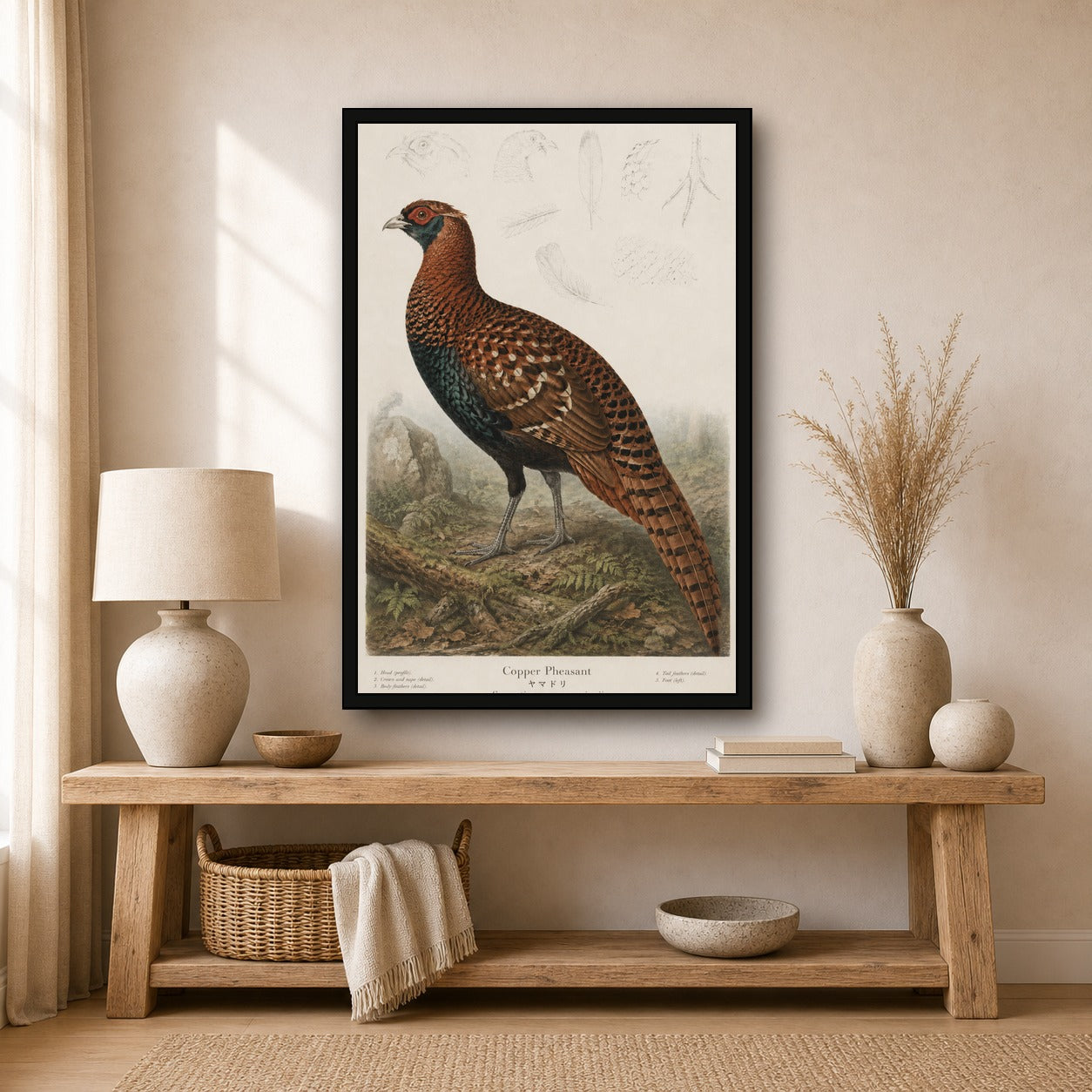 Copper Pheasant Study Japanese inspired poster print for modern wall decor