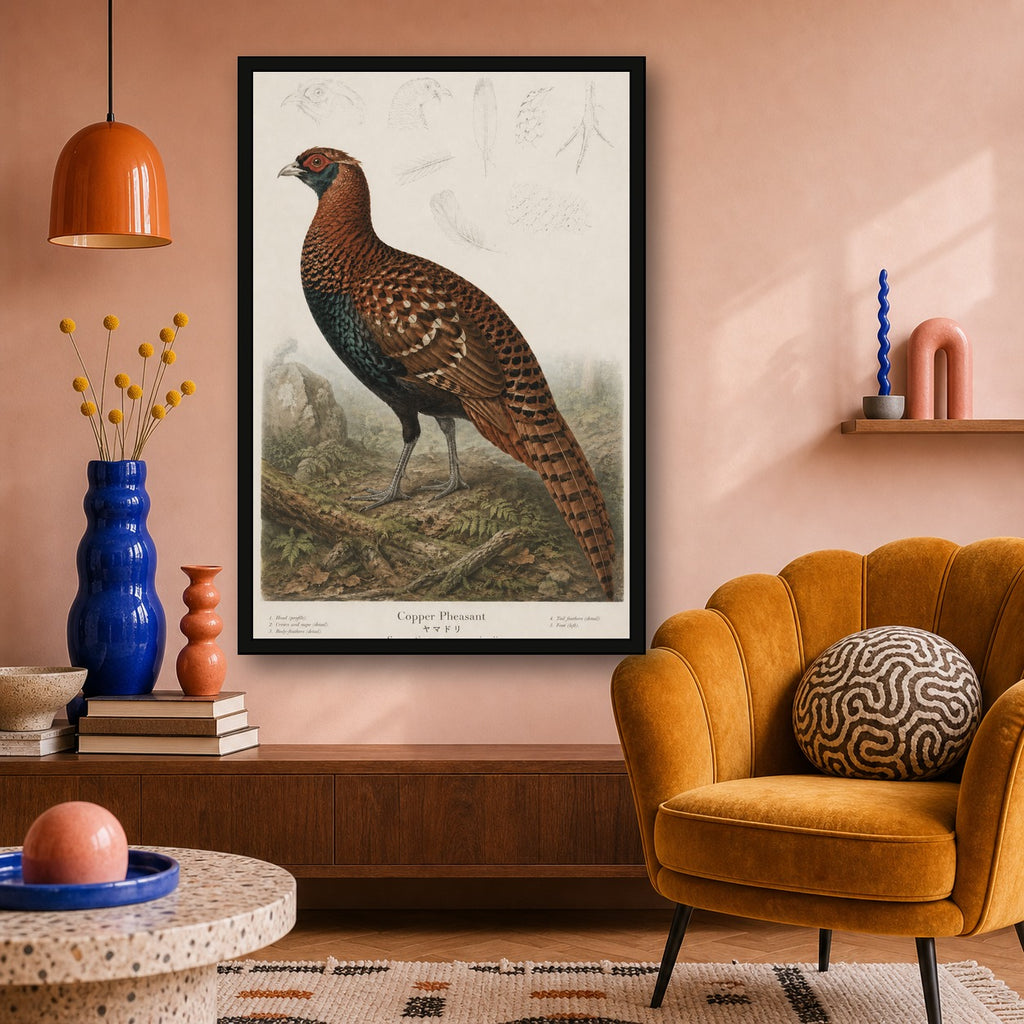 Copper Pheasant Study Japanese inspired poster print for modern wall decor
