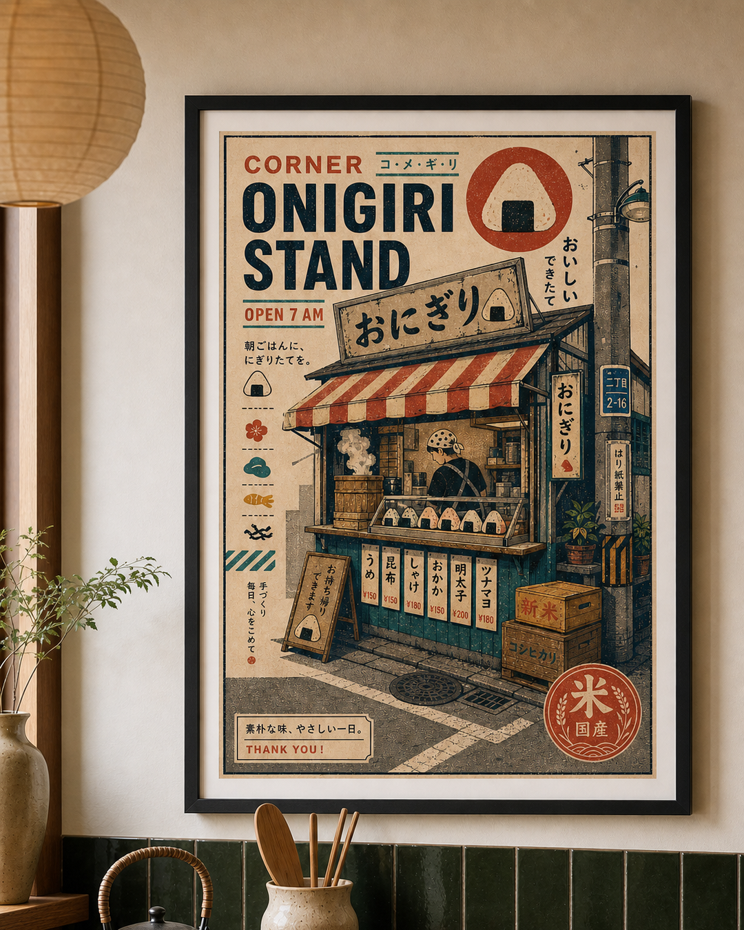 Corner Onigiri Stand Japanese Poster in an artwork-specific room mockup